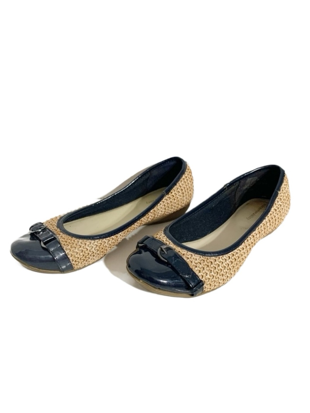 Solesenseability Woven Faux Leather Upper Ballet Flat Navy Blue Tan Buckle Strap